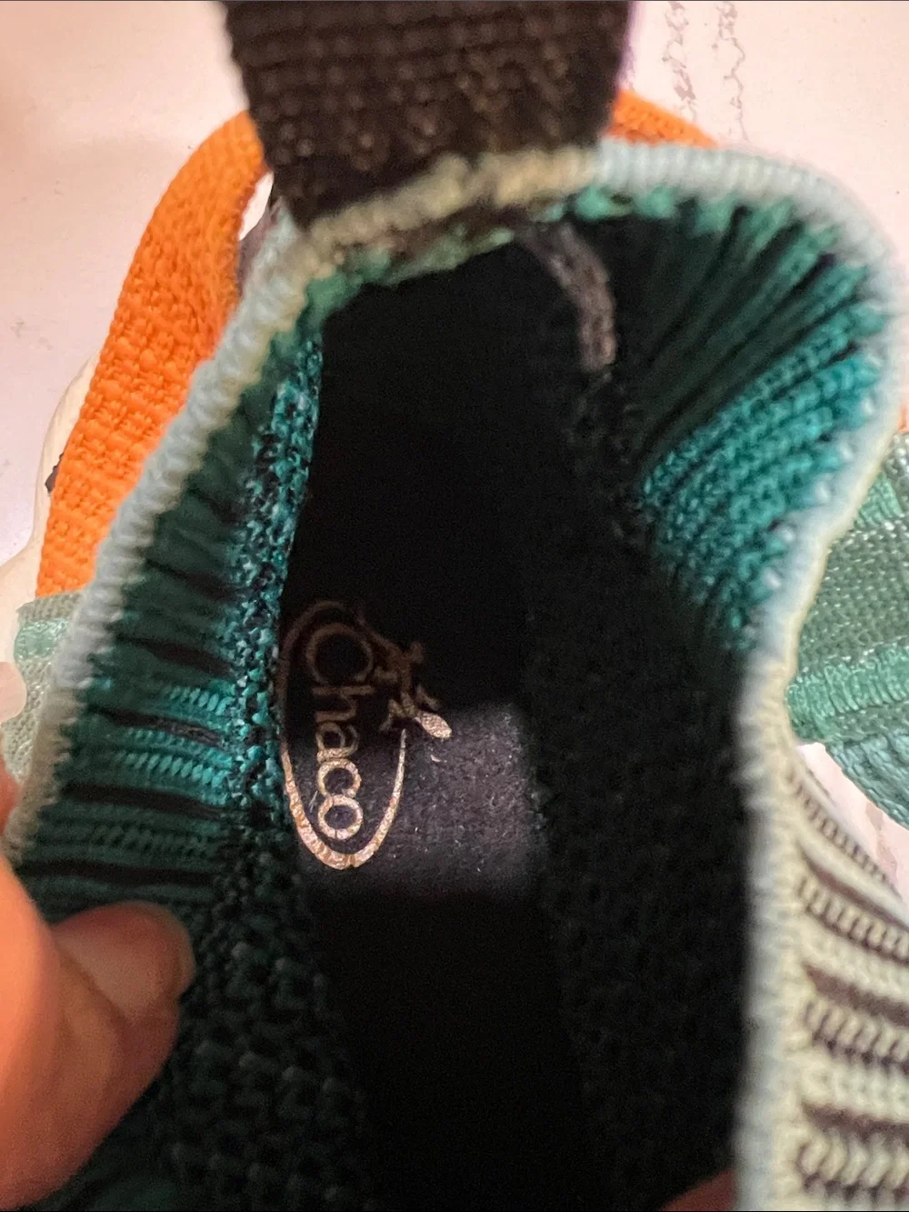 Chaco Teal Knit Strap Sneakers with Orange Heel Accent size W7